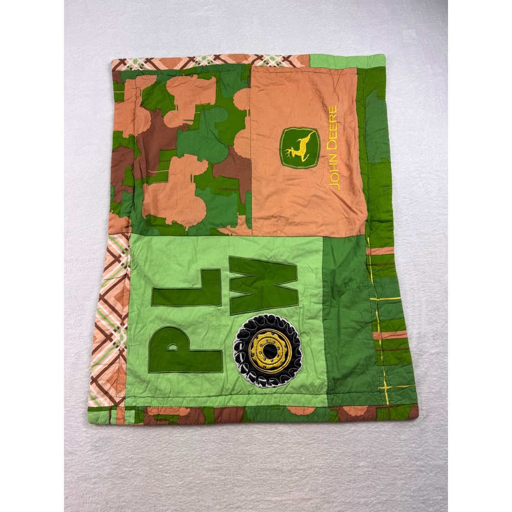 John Deere Quilted Pillow Sham Patchwork Camo Tractor Plow Green Tan 20x26